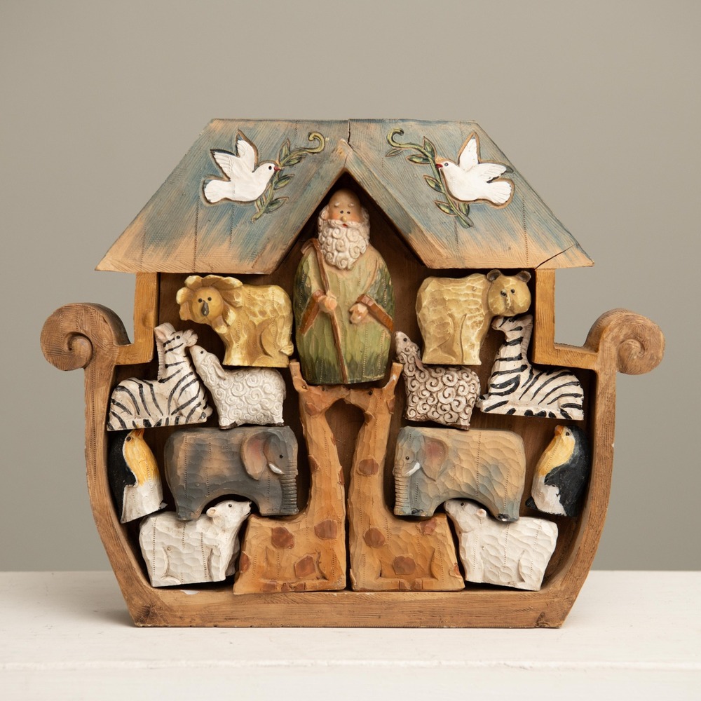 Noah's Ark Wooden Magnetic Puzzle Carved Rustic Folk Christian Art CottageCore